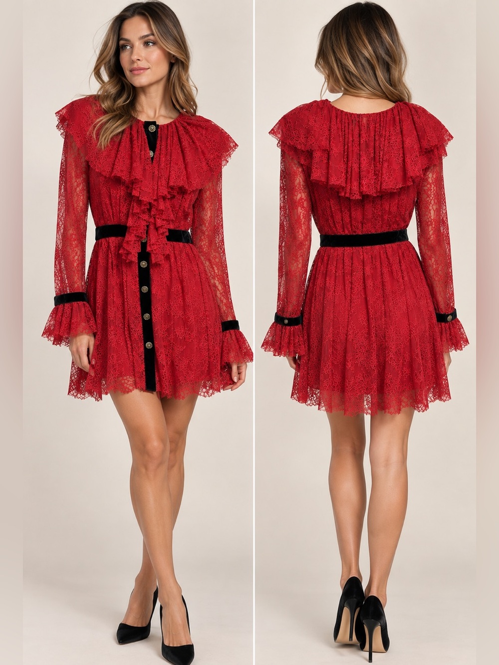 Philosophy di Lorenzo Serafini Red Lace Ruffle Dress with Black Velvet Trim
